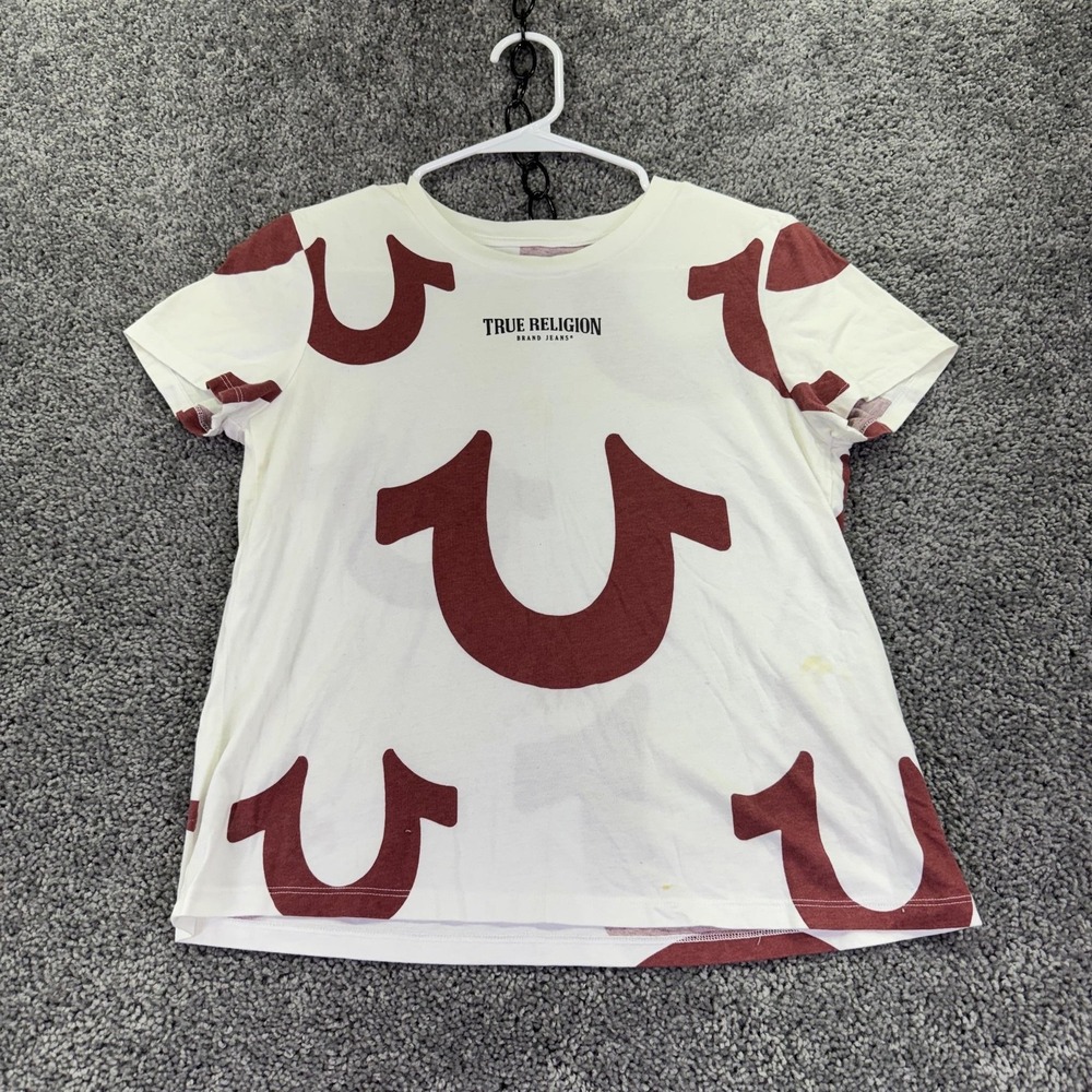 True Religion Shirt Womens Medium White All Over Horseshoe Logo Graphic Tee